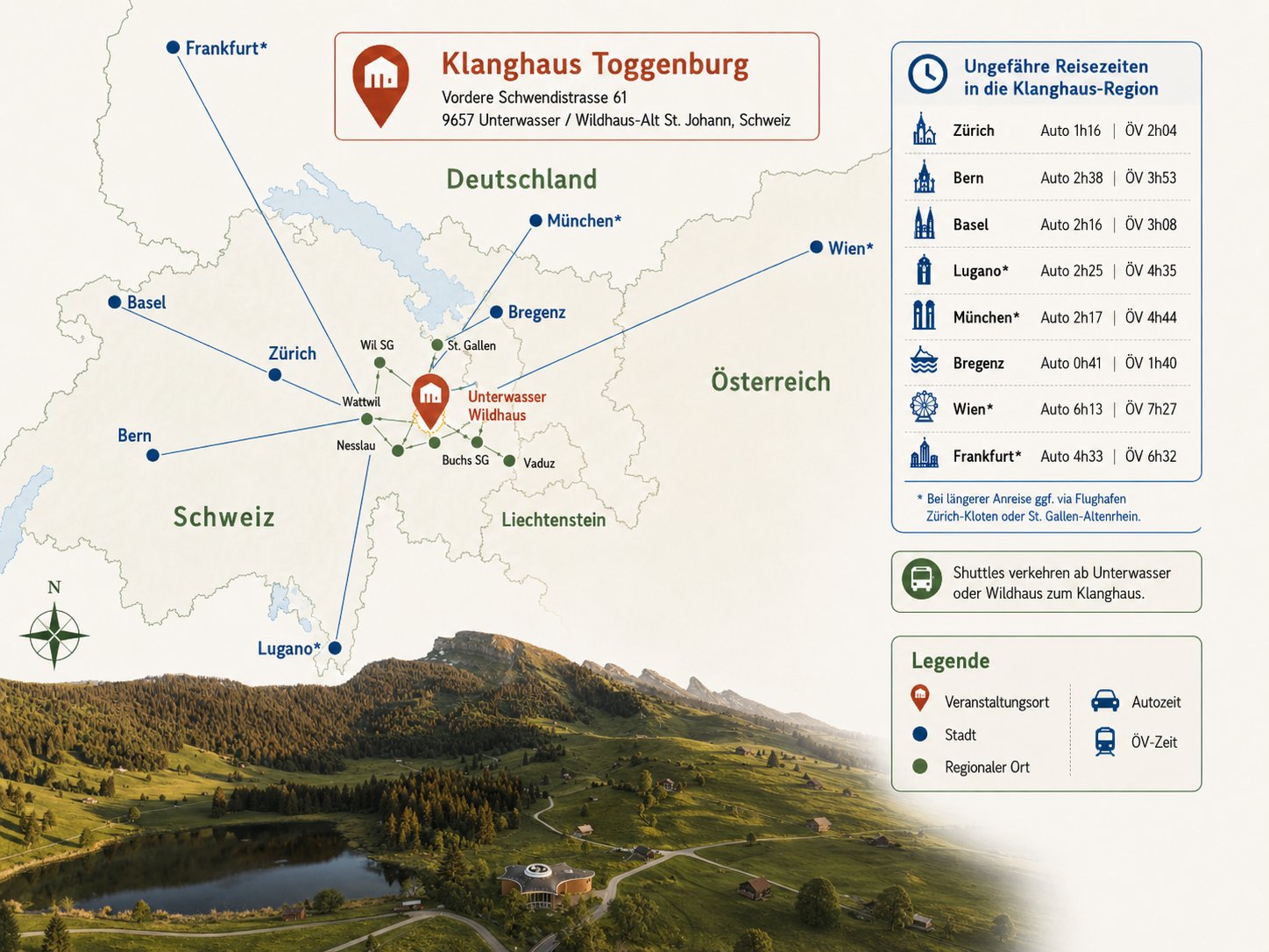 Anreisekarte Klanghaus Toggenburg mit Reisezeiten aus der Region